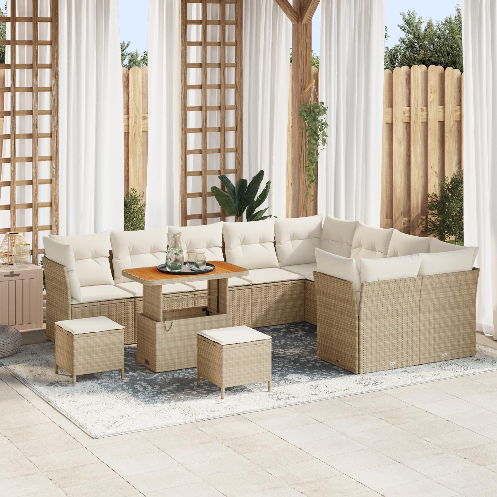 Havesofa sæt 12 dele til 9 personer i polyrattan med bord og opbevaring - beige og creme Havesofa sæt 12 dele til 9 personer i polyrattan med bord og opbevaring - beige og creme