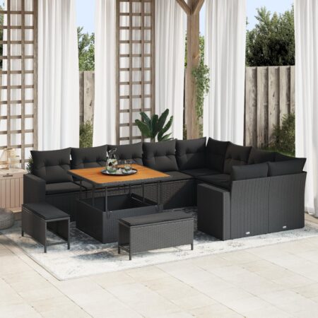 Havesofa sæt 12 stk i sort polyrattan med bord