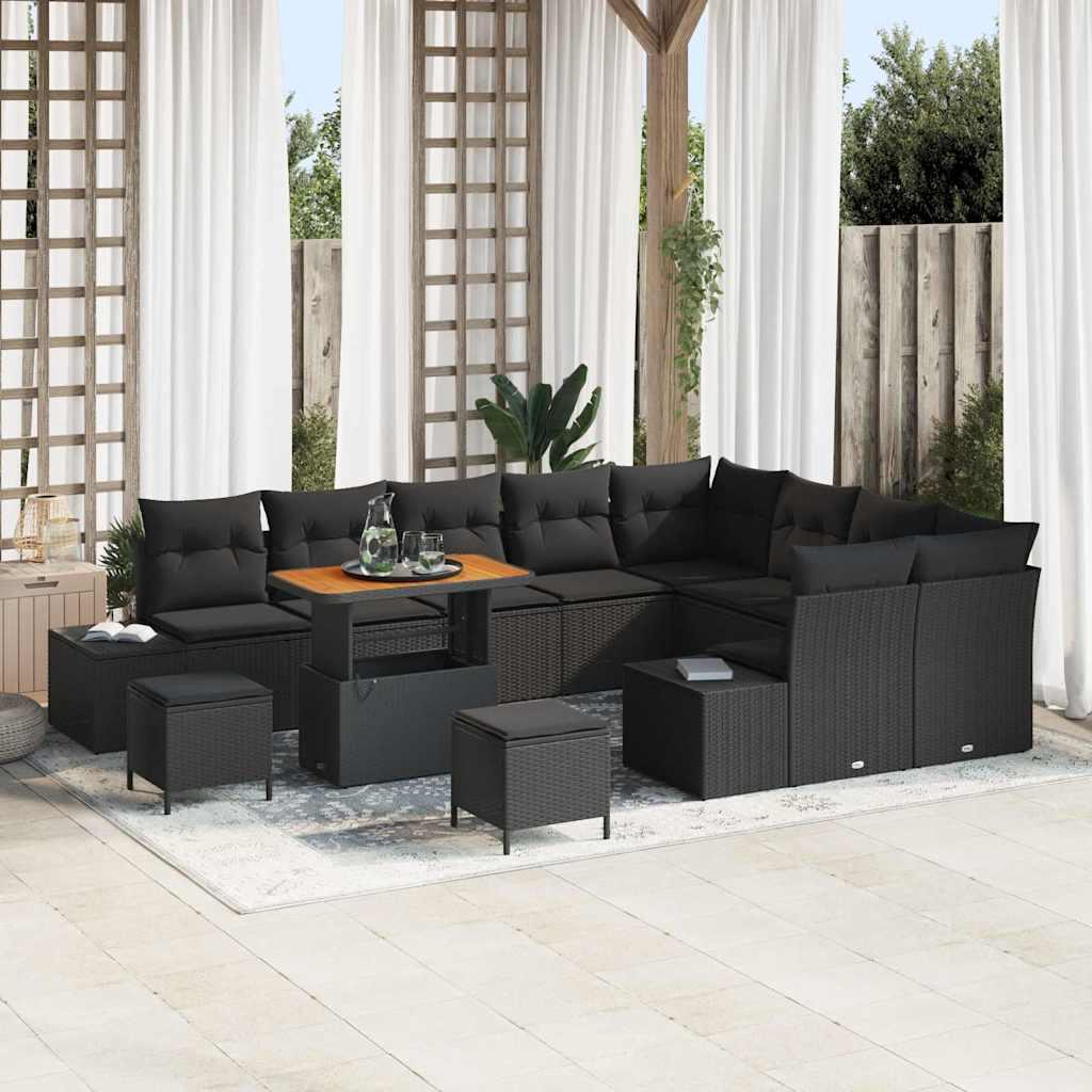 Havesofa sæt 12 stk med puder og bord i sort polyrattan Havesofa sæt 12 stk med puder og bord i sort polyrattan