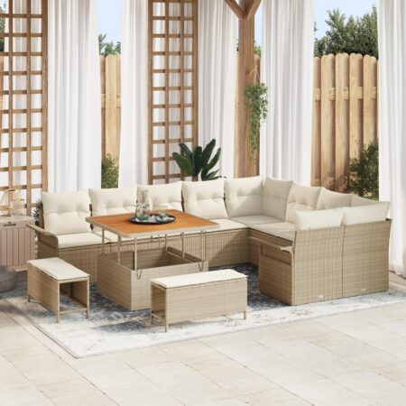 Havesofa sæt 12 stk med puder og justerbart bord i beige polyrattan
