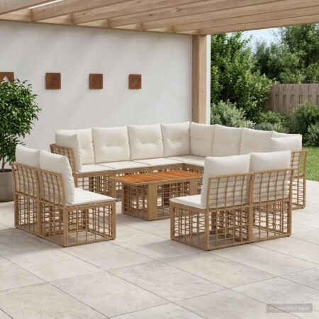 Havesofa sæt 12 stk. i polyrattan med bord - naturlig og cremehvid