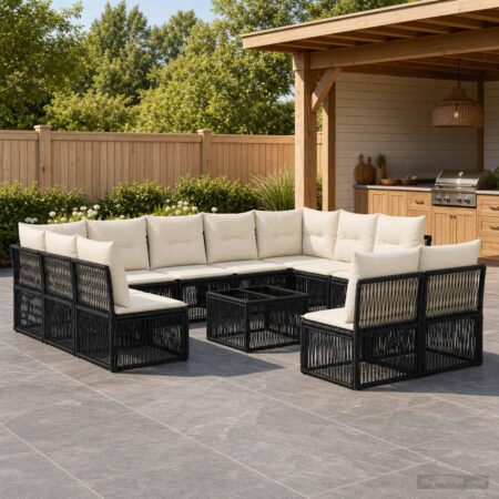 Havesofa sæt 12 stk. i sort polyrattan med bord