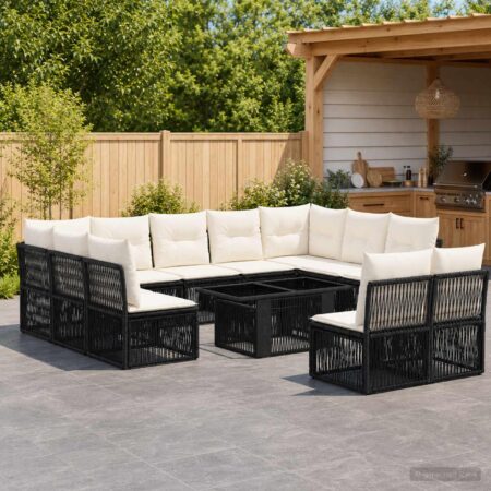 Havesofa sæt 12 stk. i sort polyrattan med justerbart bord