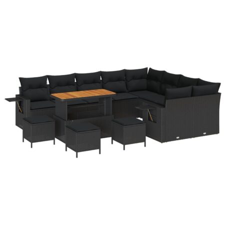 Havesofa sæt 13 stk i sort polyrattan med bord og skamler