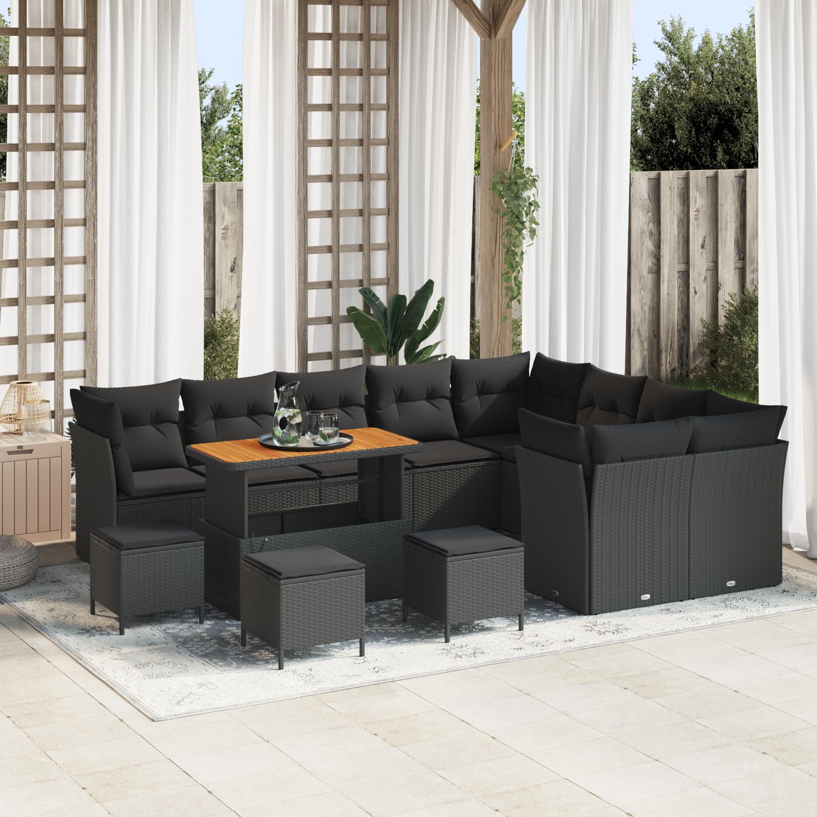 Havesofa sæt 13 stk i sort polyrattan med bord og skamler Havesofa sæt 13 stk i sort polyrattan med bord og skamler