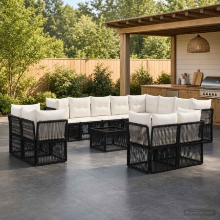 Havesofa sæt 13 stk. i sort polyrattan med bord