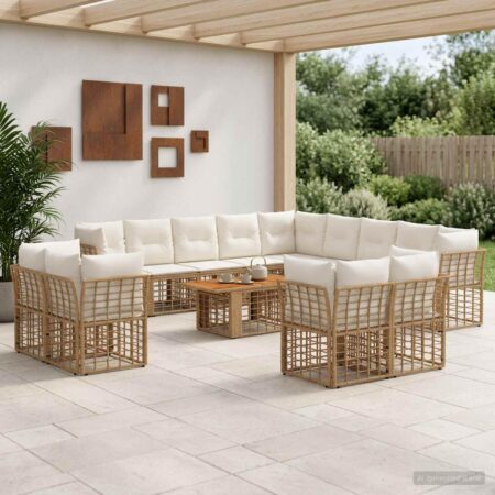Havesofa sæt 14 stk. i polyrattan med bord - naturlig og creme hvid