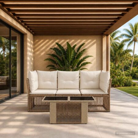 Havesofa sæt 4 dele i beige polyrattan med bord