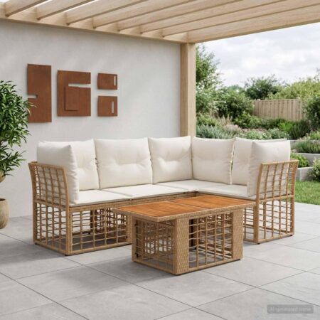 Havesofa sæt 4 stk. i polyrattan med bord - naturlig og cremehvid