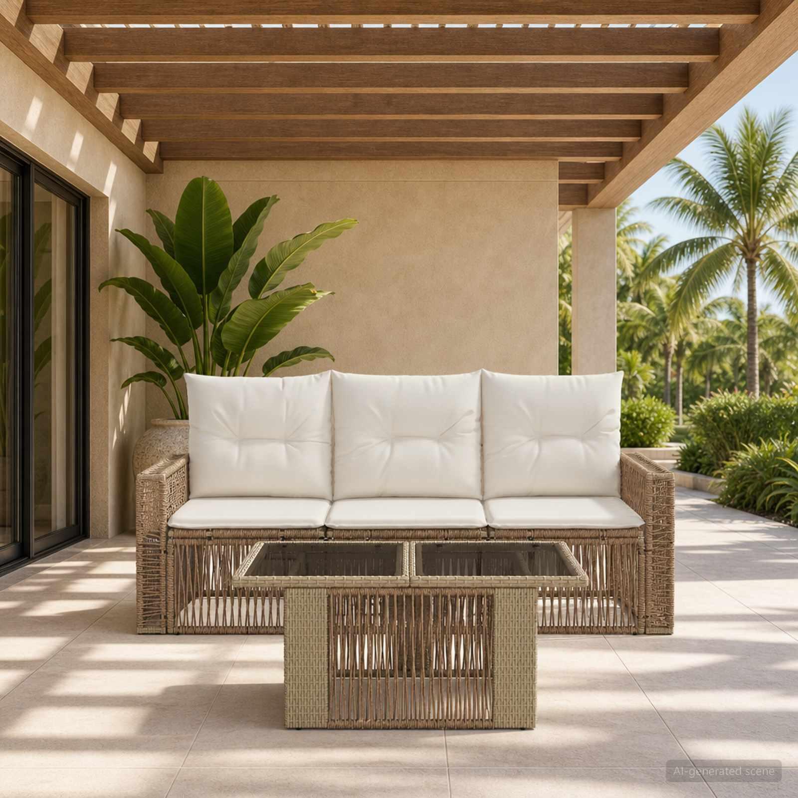 Havesofa sæt 4 stk. i polyrattan med højdejusterbart bord - beige og cremehvid Havesofa sæt 4 stk. i polyrattan med højdejusterbart bord - beige og cremehvid