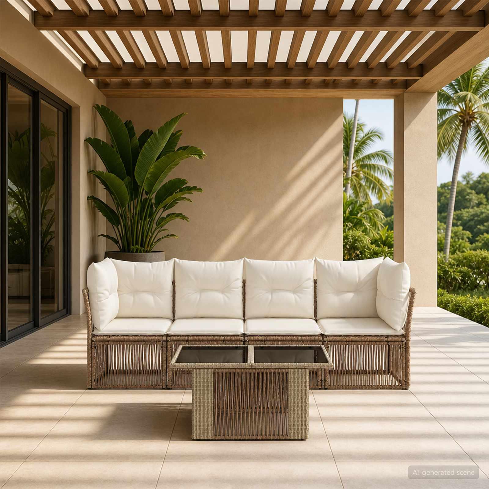 Havesofa sæt 5 dele i beige polyrattan med højdejusterbart bord Havesofa sæt 5 dele i beige polyrattan med højdejusterbart bord