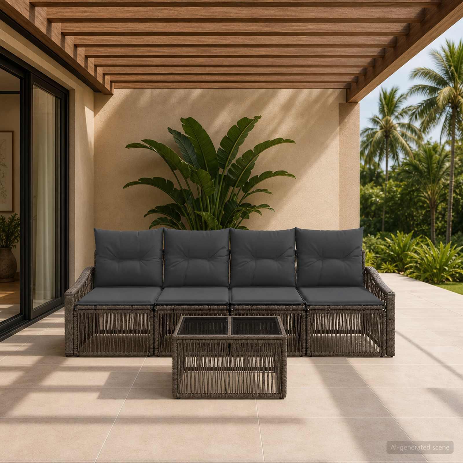 Havesofa sæt 5 dele i grå polyrattan med bord Havesofa sæt 5 dele i grå polyrattan med bord