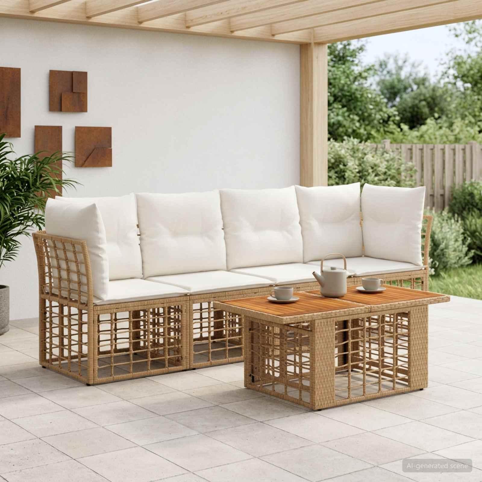 Havesofa sæt 5 dele i polyrattan med bord - naturlig og cremehvid Havesofa sæt 5 dele i polyrattan med bord - naturlig og cremehvid