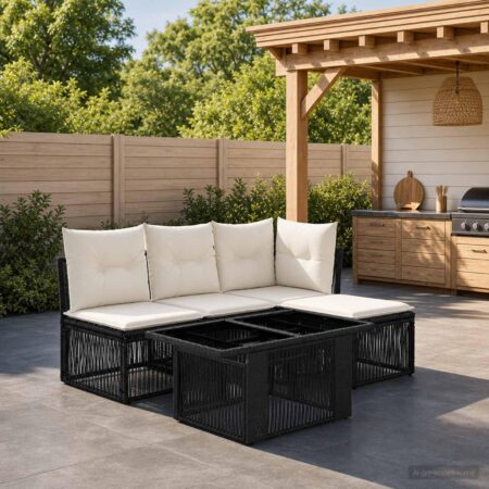 Havesofa sæt 5 dele i sort polyrattan med bord og hynder