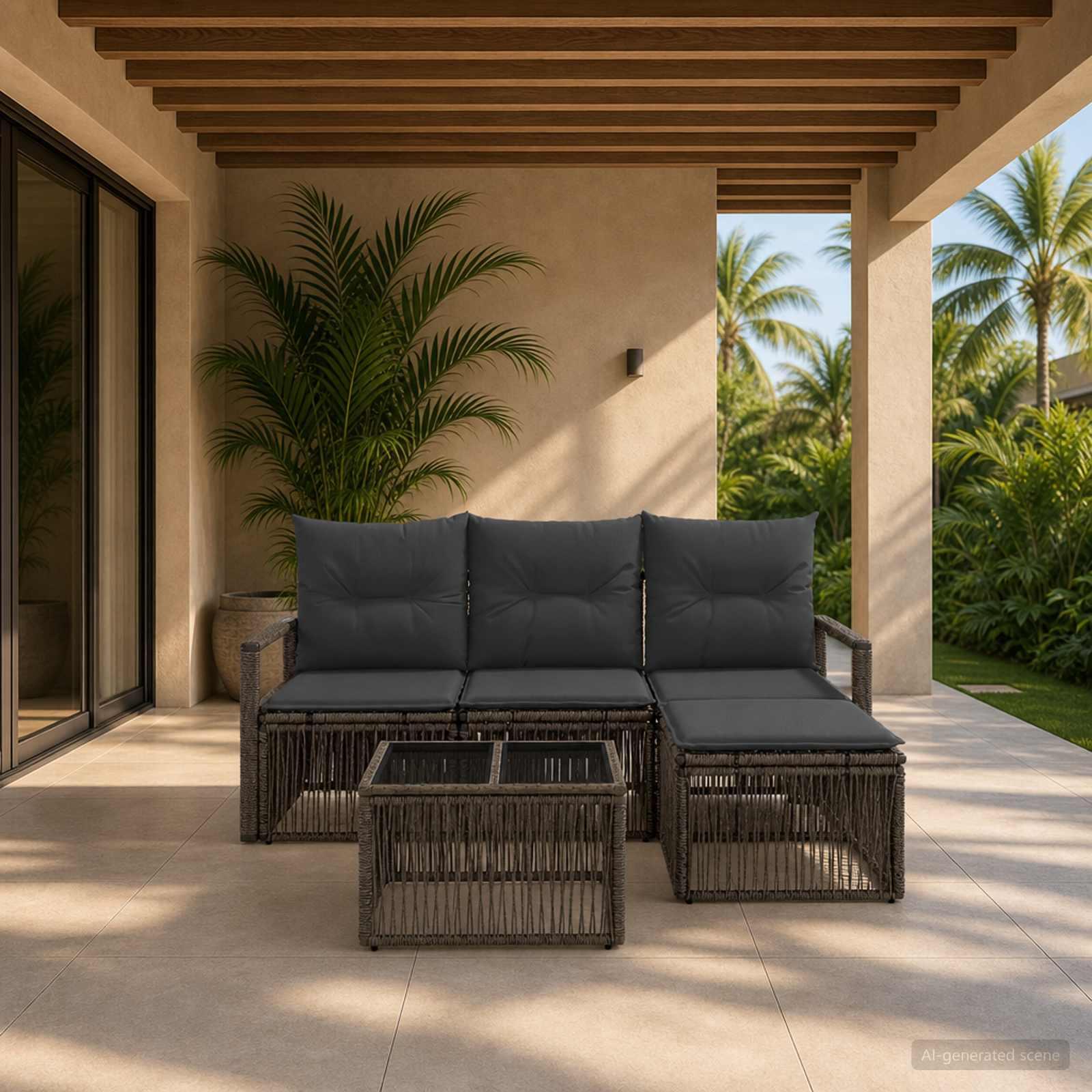 Havesofa sæt 5 stk. i grå polyrattan med bord og fodskammel Havesofa sæt 5 stk. i grå polyrattan med bord og fodskammel