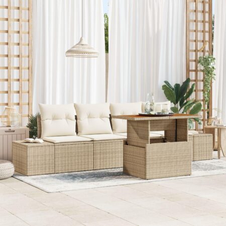 Havesofa sæt 5 stk. i polyrattan med bord - beige og creme