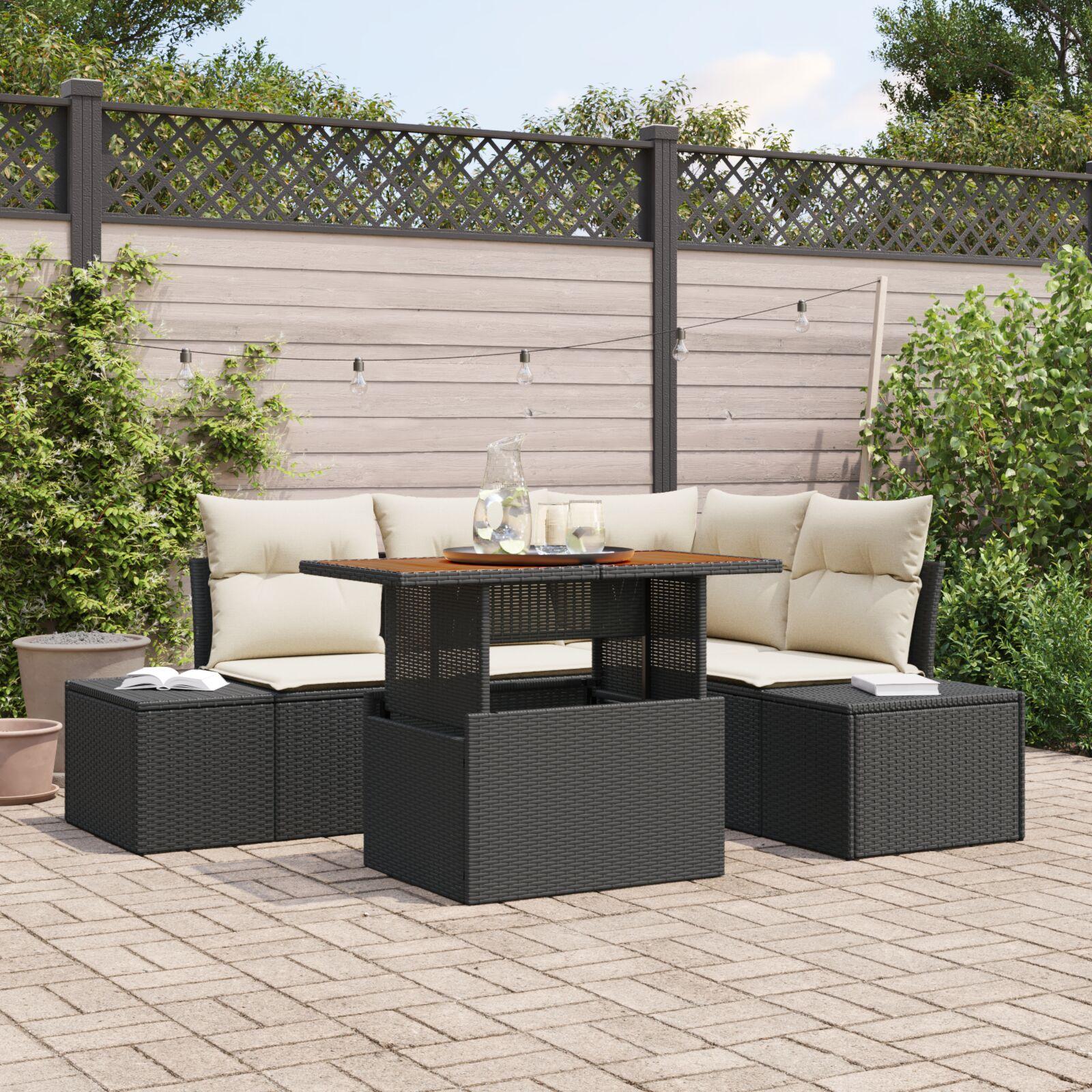 Havesofa sæt 5 stk. i polyrattan med bord - sort og cream Havesofa sæt 5 stk. i polyrattan med bord - sort og cream