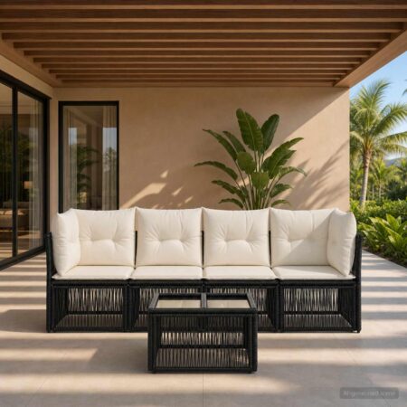 Havesofa sæt 5 stk. i sort polyrattan med bord