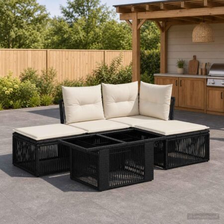 Havesofa sæt 5 stk. i sort polyrattan med bord og hynder