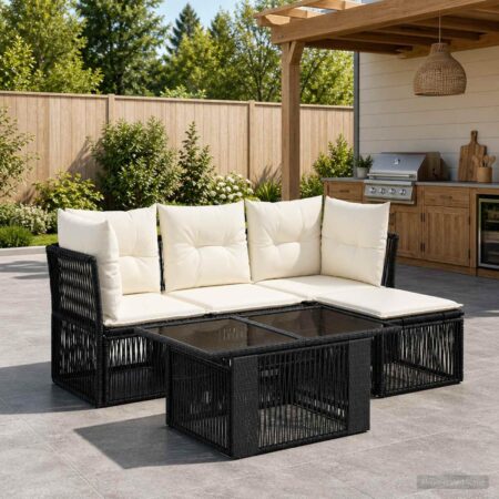 Havesofa sæt 5 stk. i sort polyrattan med bord og puder