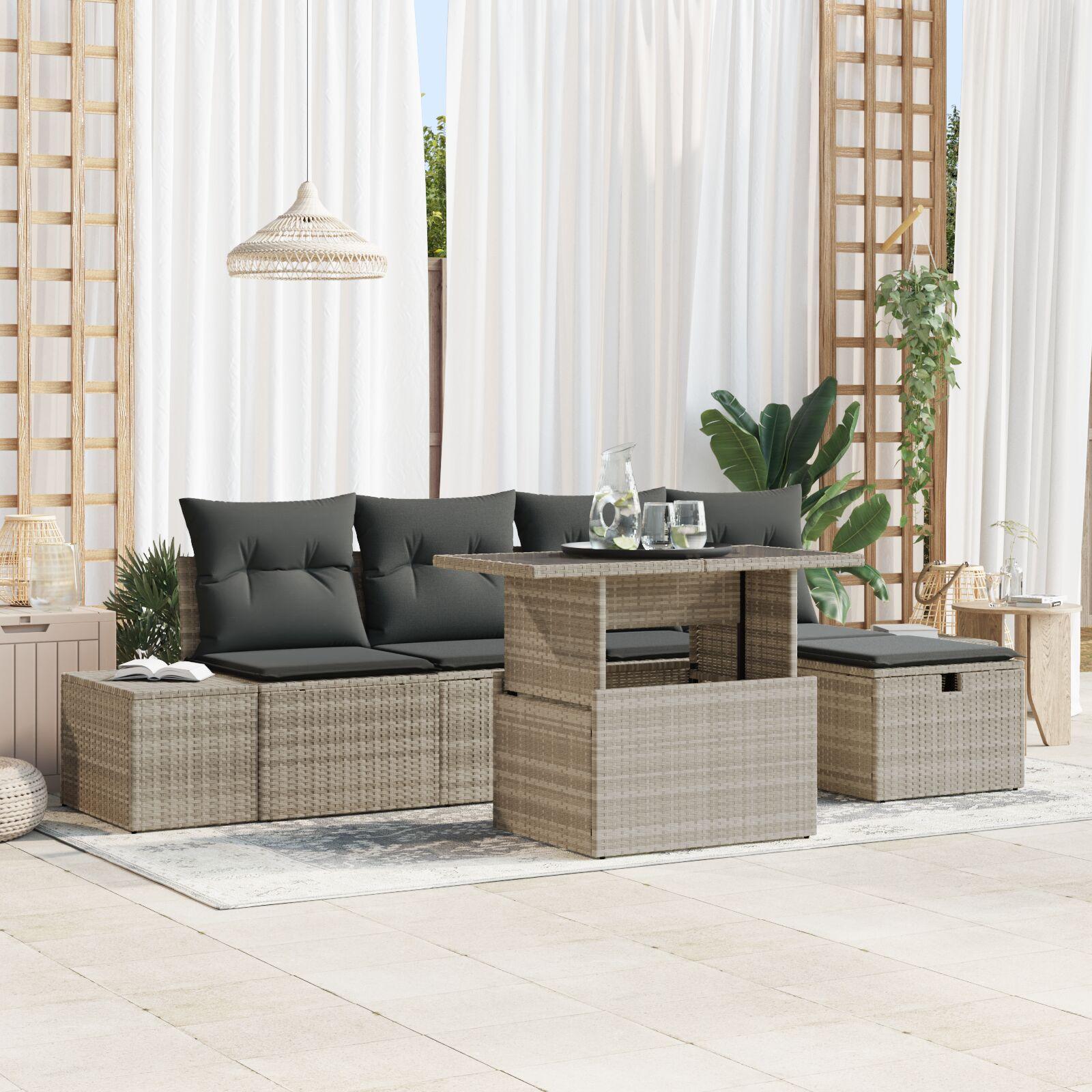 Havesofa sæt 6 dele i lysegrå polyrattan med højdejusterbart bord Havesofa sæt 6 dele i lysegrå polyrattan med højdejusterbart bord