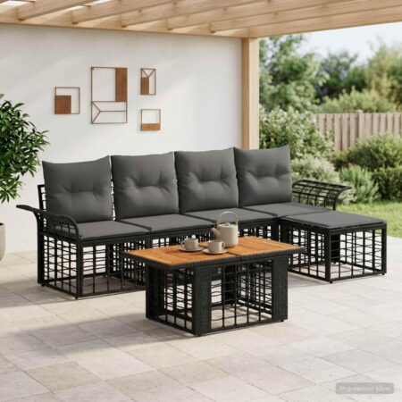 Havesofa sæt 6 dele i polyrattan med bord - sort/mørkegrå