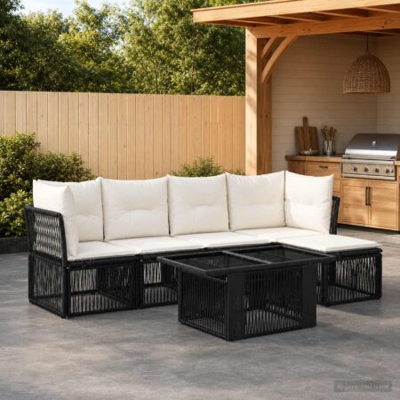 Havesofa sæt 6 dele i sort polyrattan med bord