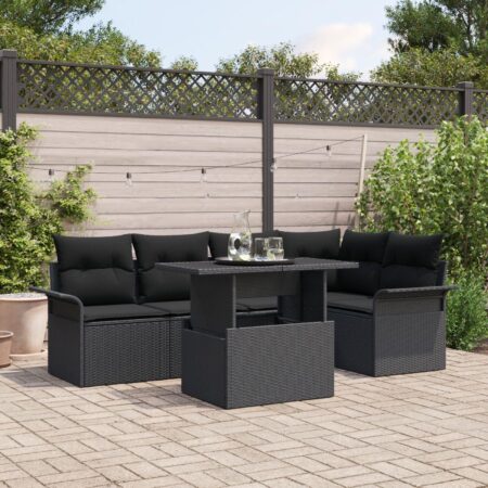 Havesofa sæt 6 dele med puder og højdejusterbart bord - sort polyrattan