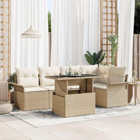 Havesofa sæt 6 stk med puder og højdejusterbart bord i beige polyrattan