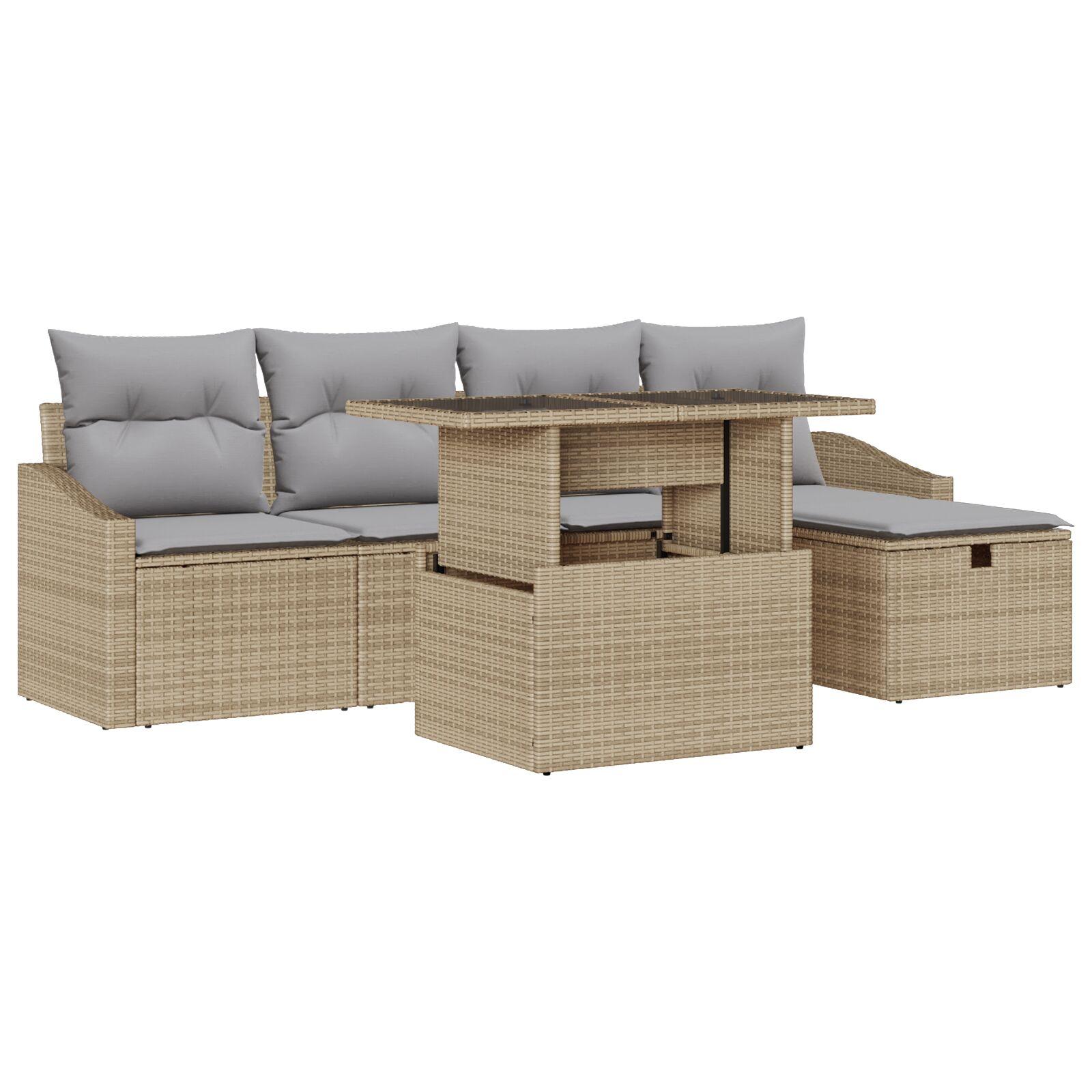 Havesofa sæt 6 stk. i beige polyrattan med justerbart bord Havesofa sæt 6 stk. i beige polyrattan med justerbart bord