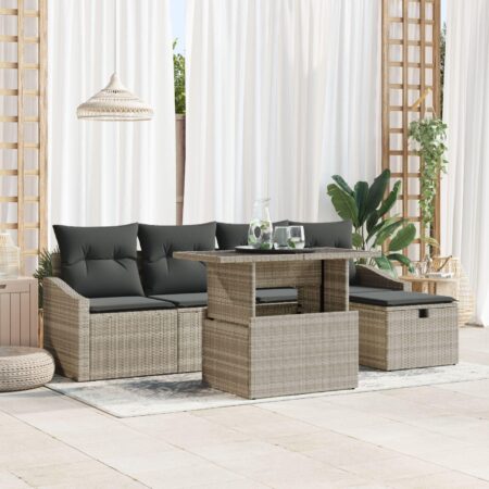 Havesofa sæt 6 stk. i lysegrå polyrattan med justerbart bord