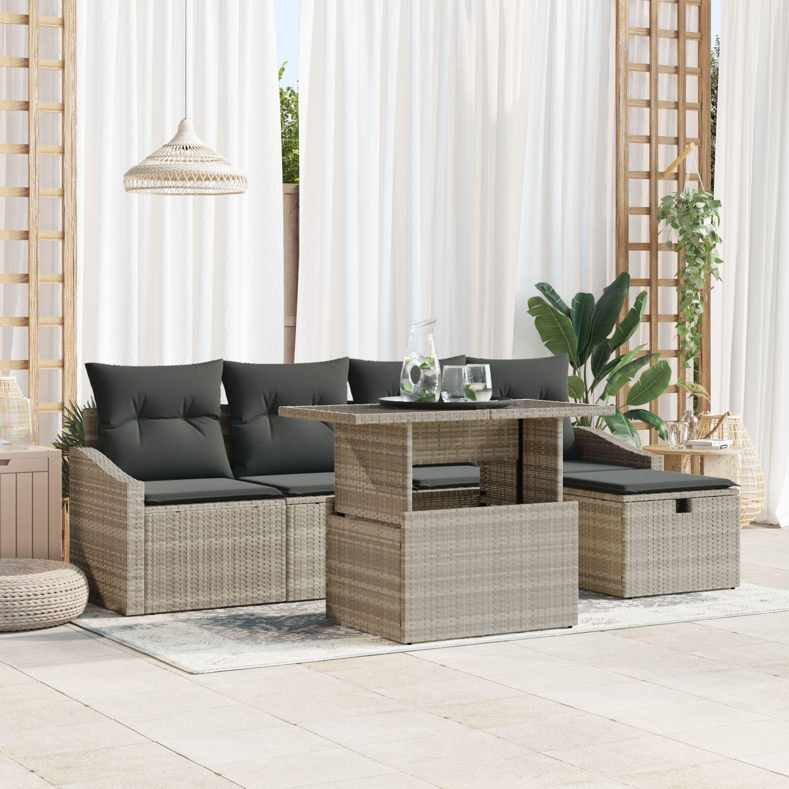 Havesofa sæt 6 stk. i lysegrå polyrattan med justerbart bord Havesofa sæt 6 stk. i lysegrå polyrattan med justerbart bord