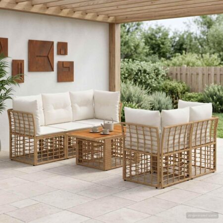 Havesofa sæt 6 stk. i polyrattan med bord - naturlig og cremehvid