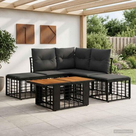Havesofa sæt 6 stk. i polyrattan med bord - sort og mørkegrå