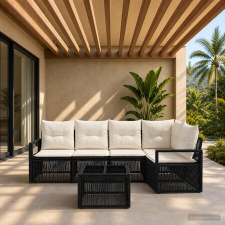 Havesofa sæt 6 stk. i sort polyrattan med bord