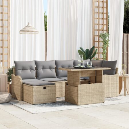 Havesofa sæt 7 dele i beige polyrattan med justerbart bord