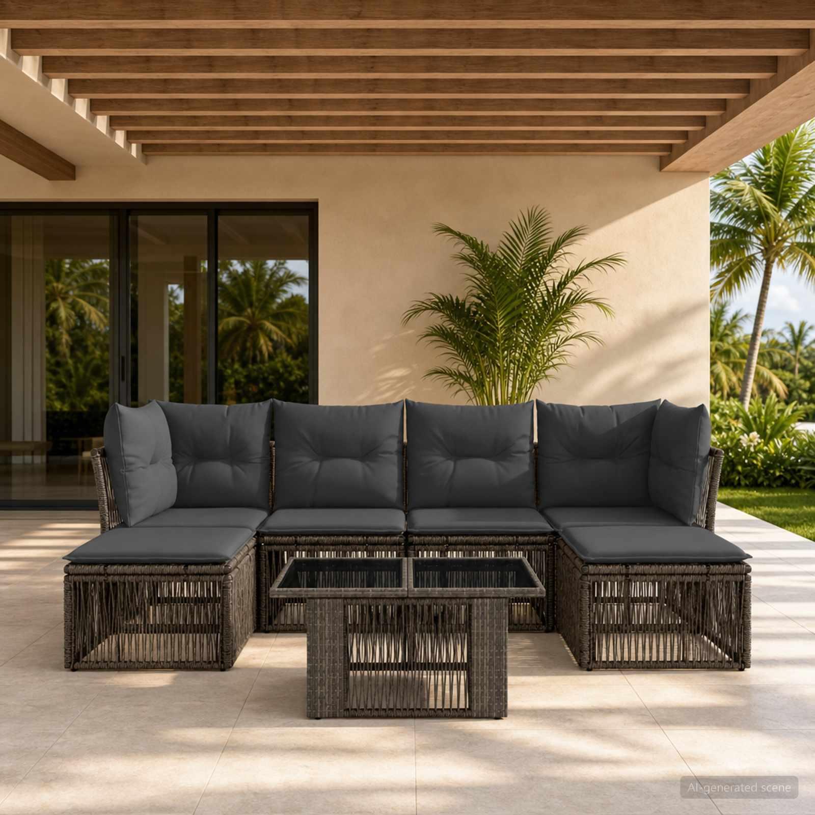 Havesofa sæt 7 dele i grå polyrattan med bord Havesofa sæt 7 dele i grå polyrattan med bord
