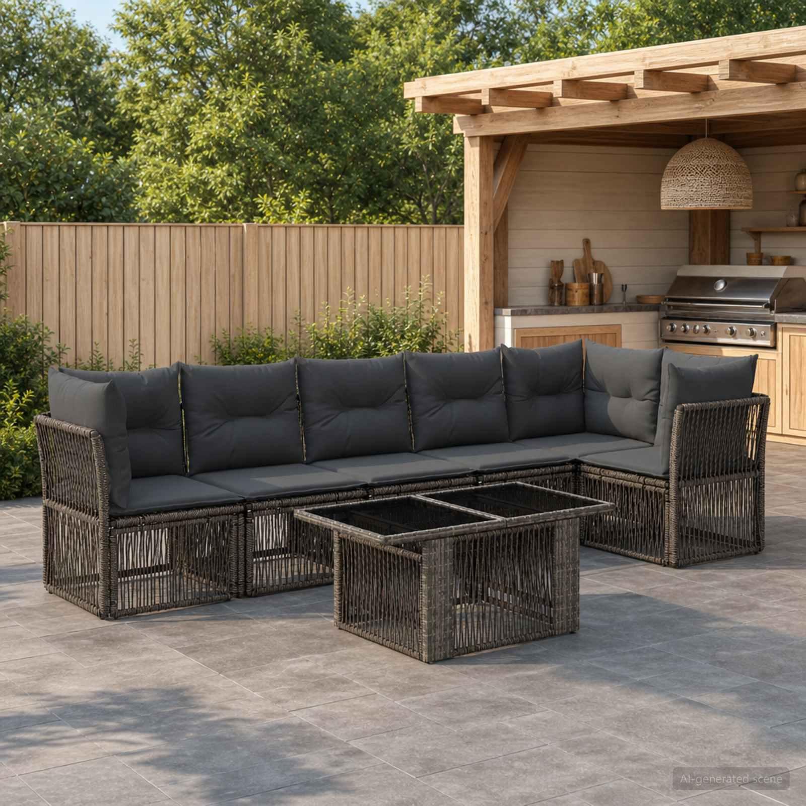 Havesofa sæt 7 dele i grå polyrattan med højdejusterbart bord Havesofa sæt 7 dele i grå polyrattan med højdejusterbart bord