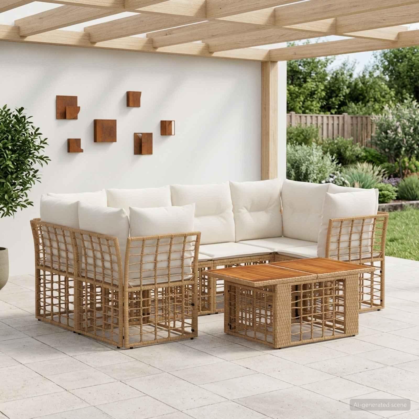 Havesofa sæt 7 dele i polyrattan med bord - naturlig og cremehvid Havesofa sæt 7 dele i polyrattan med bord - naturlig og cremehvid