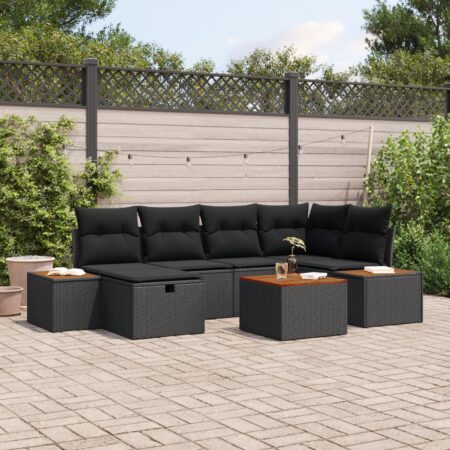 Havesofa sæt 7 dele med puder og bord i sort polyrattan
