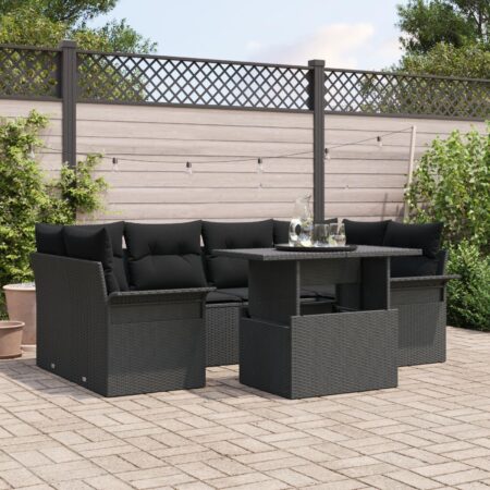 Havesofa sæt 7 dele med puder og højdejusterbart bord - sort polyrattan