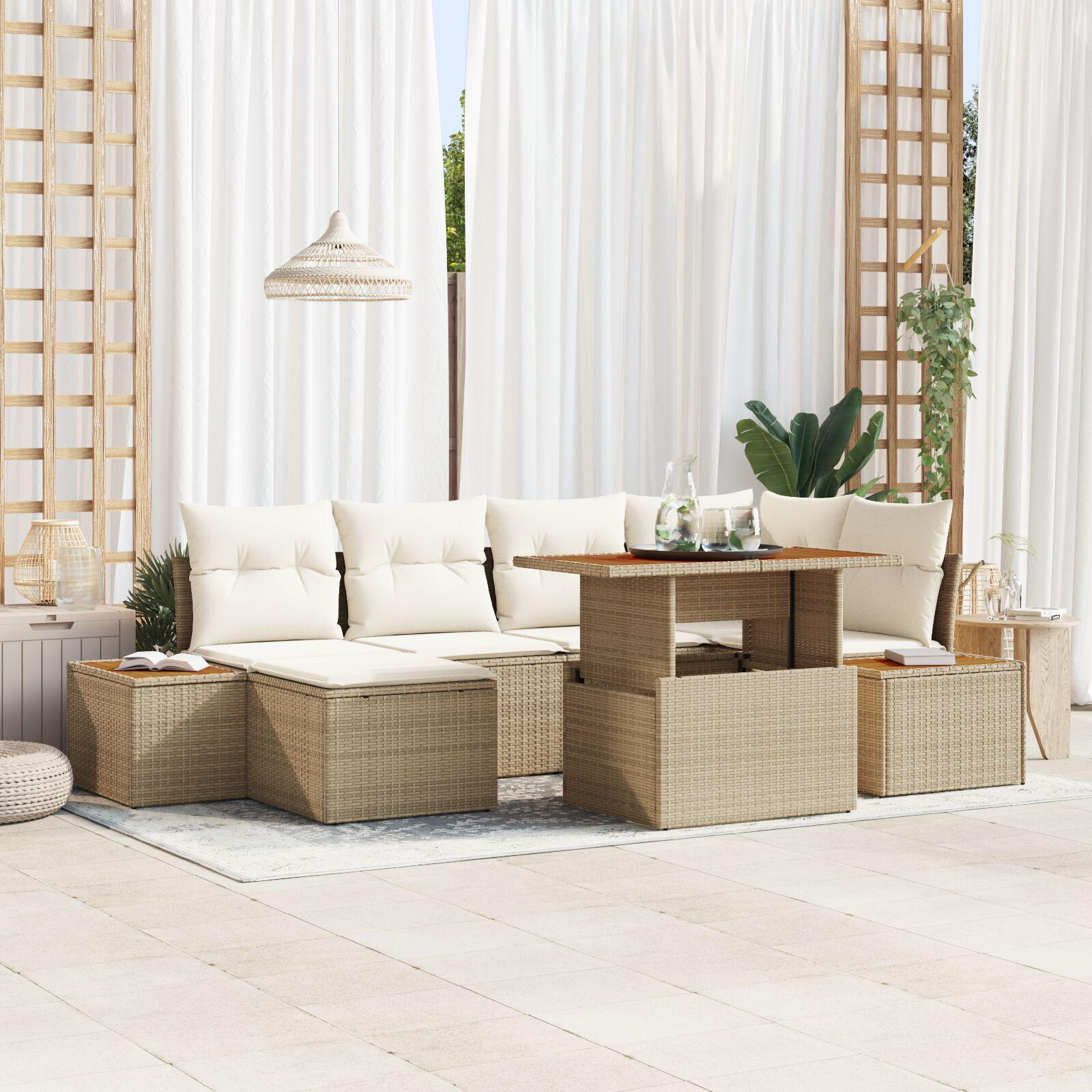 Havesofa sæt 7 stk i beige polyrattan med højdejusterbart bord Havesofa sæt 7 stk i beige polyrattan med højdejusterbart bord