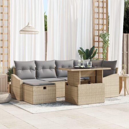 Havesofa sæt 7 stk. i beige polyrattan med højdejusterbart bord