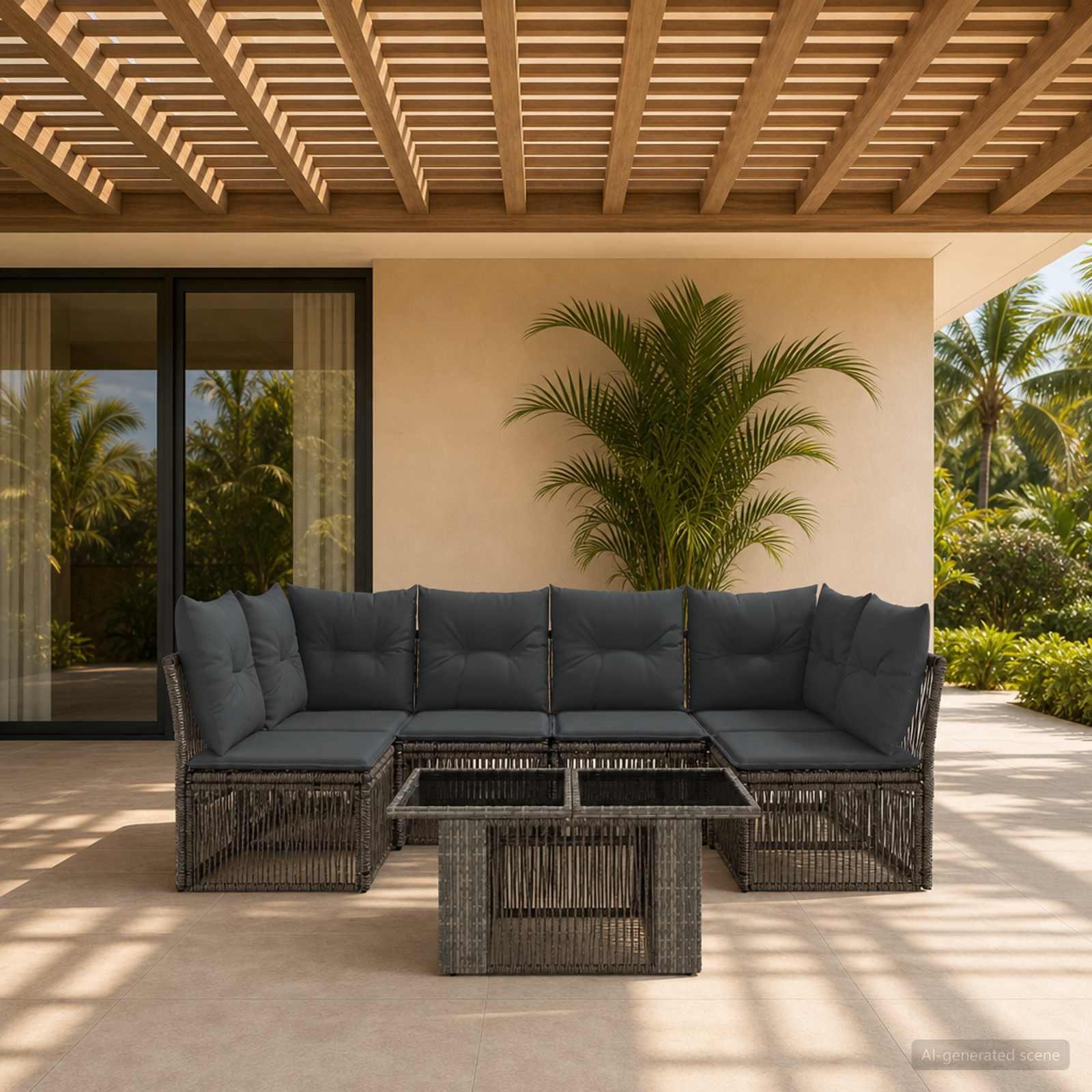 Havesofa sæt 7 stk. i grå polyrattan med bord Havesofa sæt 7 stk. i grå polyrattan med bord