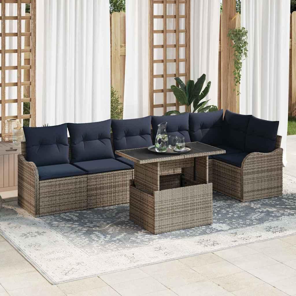 Havesofa sæt 7 stk. i grå polyrattan med højdejusterbart bord Havesofa sæt 7 stk. i grå polyrattan med højdejusterbart bord