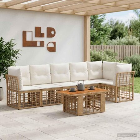 Havesofa sæt 7 stk. i polyrattan med bord - naturlig og cremehvid