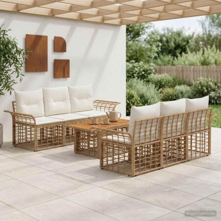 Havesofa sæt 7 stk. i polyrattan med bord - naturlig og cremehvid