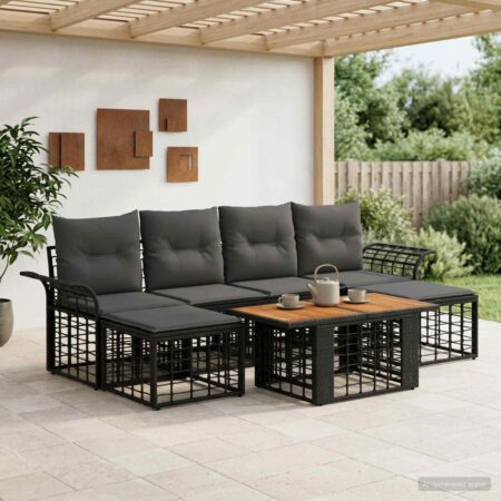 Havesofa sæt 7 stk. i polyrattan med bord - sort og mørkegrå