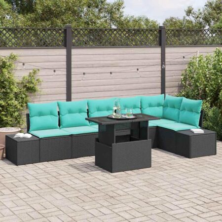 Havesofa sæt 7 stk. i sort polyrattan med justerbart bord