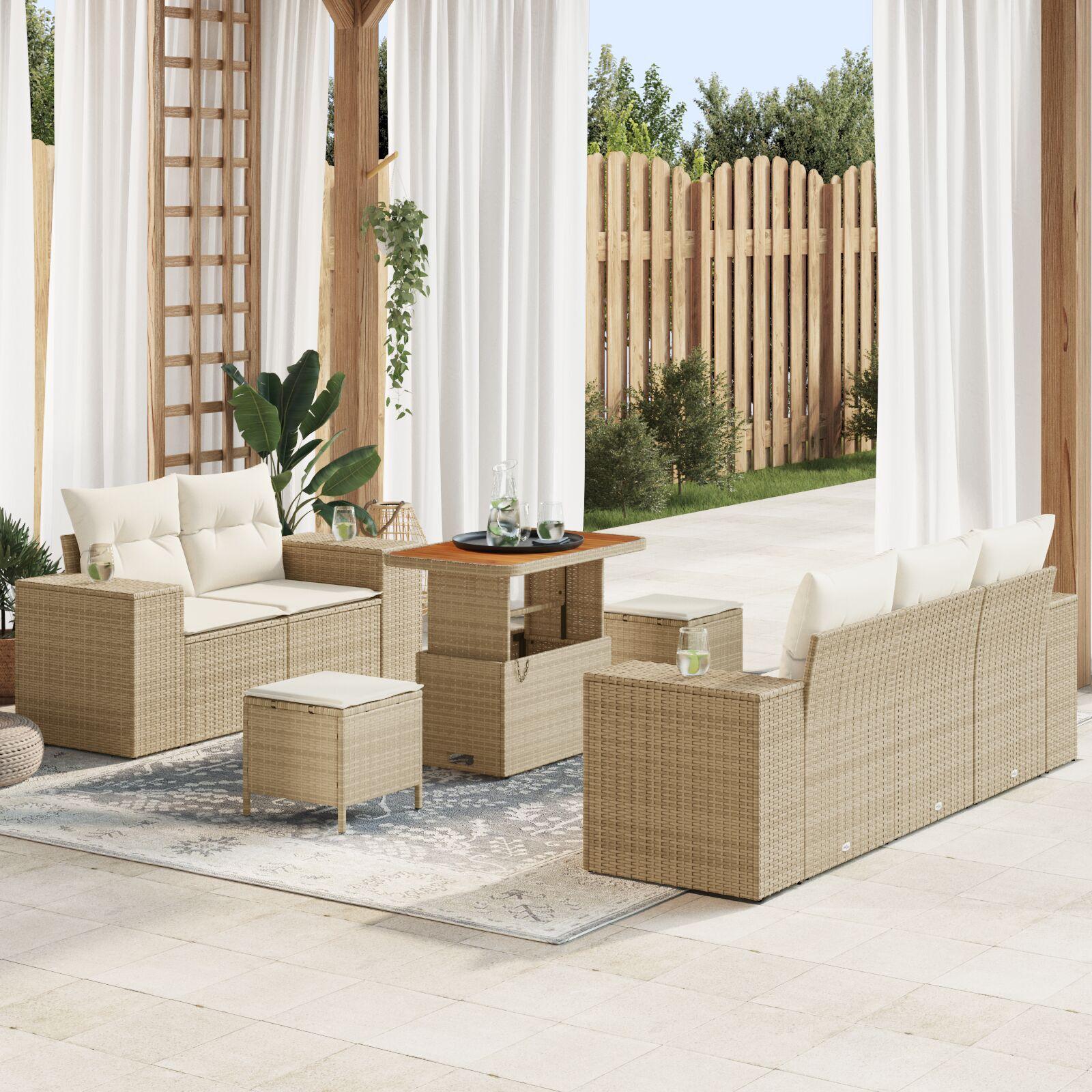 Havesofa sæt 8 dele i beige polyrattan med højdejusterbart bord Havesofa sæt 8 dele i beige polyrattan med højdejusterbart bord